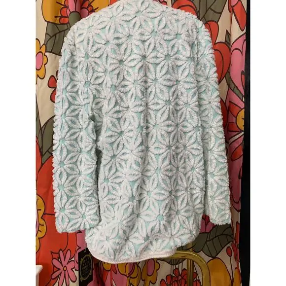 1980s chenille jacket aqua and white daisy m/l fuzzy boxy blanket 36 to bust 80s - Picture 7 of 10